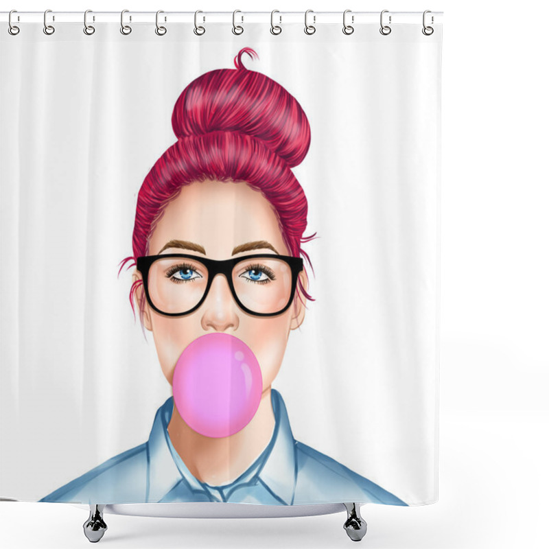 Personality  Hand Drawn Raster Illustration - Fashion Illustration Of Beutiful Young Pretty Girl With Glasses Chewing Bubble Gum Shower Curtains