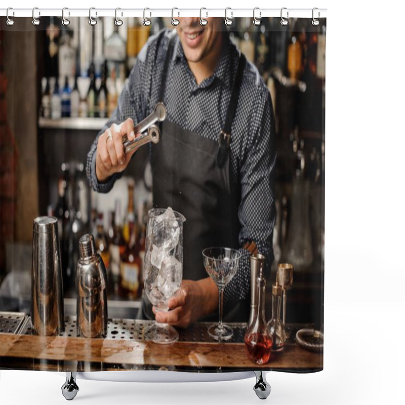 Personality  Smiling Bartender Putting A Big Ice Cube With Help Of Special Ice Tongs Shower Curtains