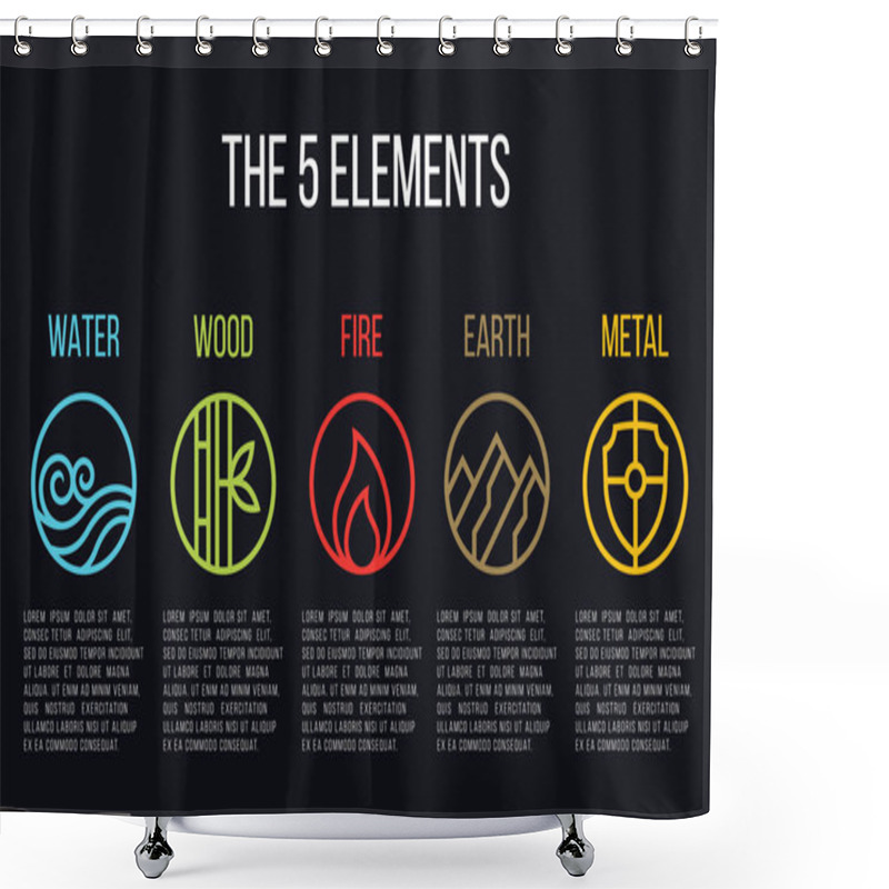 Personality  5 Elements Of Nature Circle Line Icon Sign. Water, Wood, Fire, Earth, Metal. On Dark Background. Shower Curtains