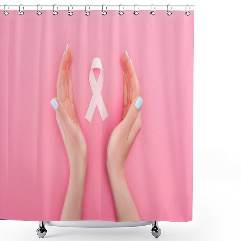 Personality  Partial View Of Female Hands Near Pink Breast Cancer Sign On Pink Background Shower Curtains