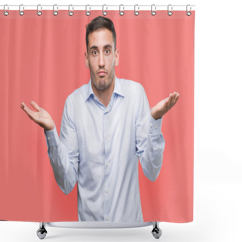 Personality  Handsome Young Businessman Clueless And Confused Expression With Arms And Hands Raised. Doubt Concept. Shower Curtains