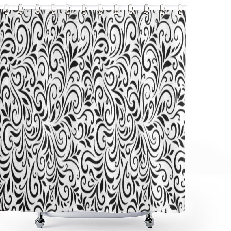 Personality  Vector Seamless Pattern With Leaves And Curls. Monochrome Abstract Floral Background. Stylish Monochrome Texture. EPS 10 Shower Curtains