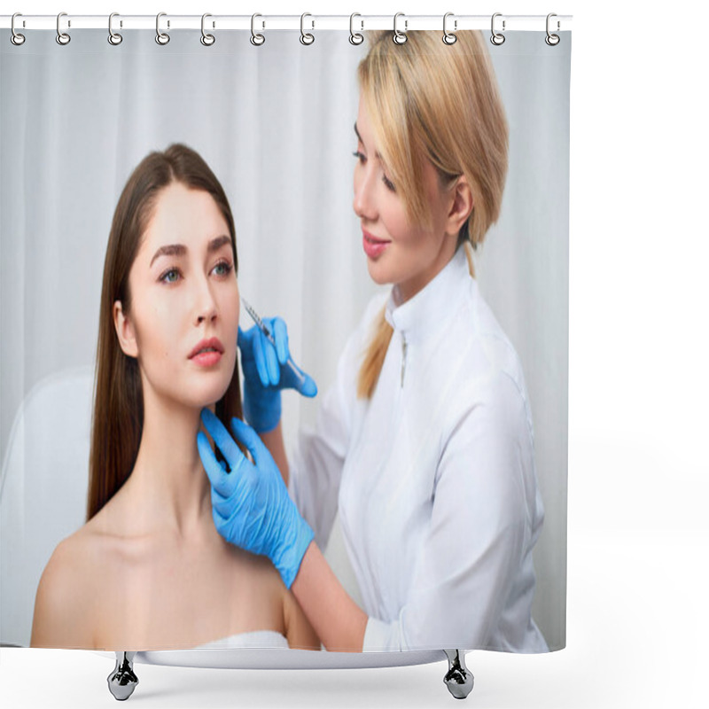 Personality  Beautician Doctor With Botulinum Toxin Syringe Making Injection To To Remove Crows Feet. Cheek Volume Enhance Mesotherapy. Anti-aging Treatment And Face Lift In Cosmetology Clinic. Shower Curtains