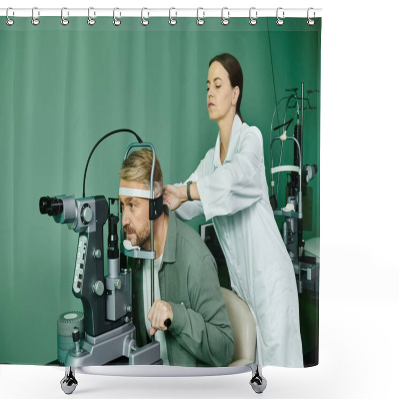 Personality  Woman Examines Mans Eye Through Microscope In Doctors Office For Laser Vision Correction. Shower Curtains