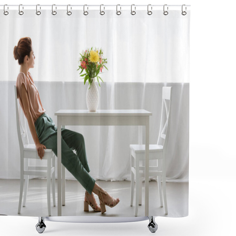 Personality  Side View Of Attractive Young Woman Sitting At Table With Beautiful Flowers In Vase Alone At Home Shower Curtains