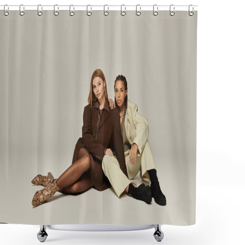 Personality  Two Young Women Showcase Autumn Trends, Embracing Each Others Warmth With Joy And Style. Shower Curtains