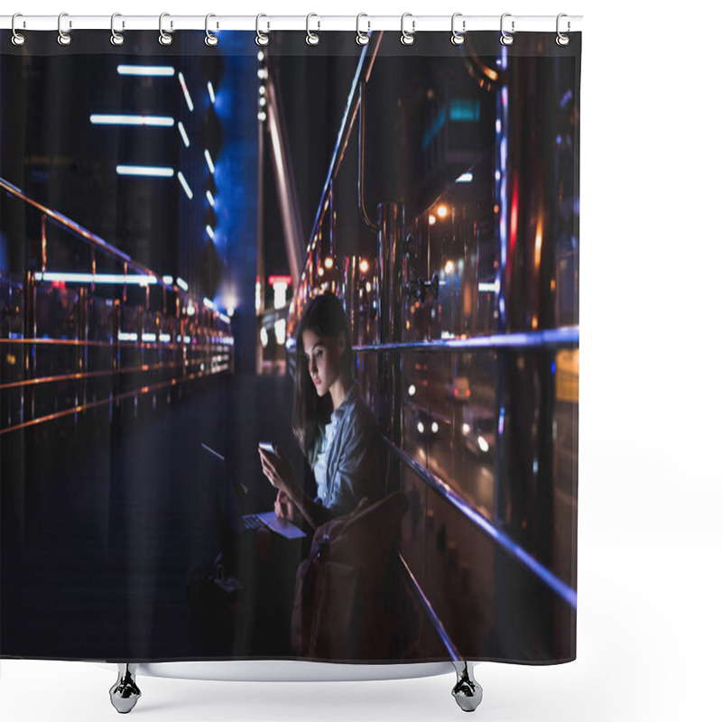 Personality  Side View Of Young Woman With Laptop On Knees Using Smartphone With Night City On Background Shower Curtains