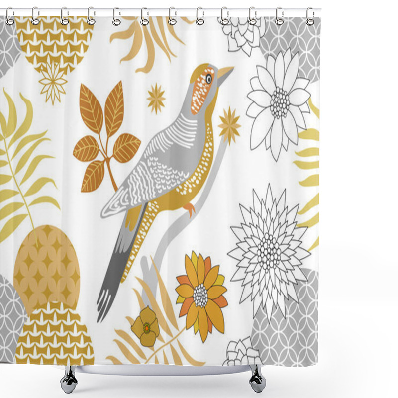 Personality  Golden And Silver Floral Pattern With Birds In The Garden. Minimalism Style.  Shower Curtains