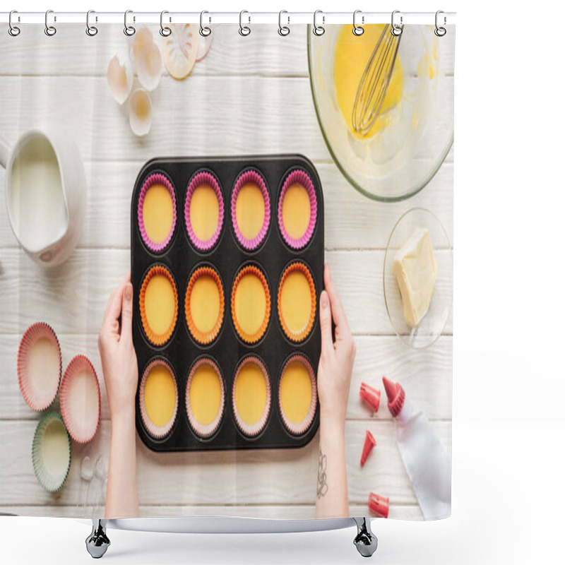 Personality  Cropped View Of Woman Holding Muffin Mold With Liquid Dough On Table With Ingredients Shower Curtains