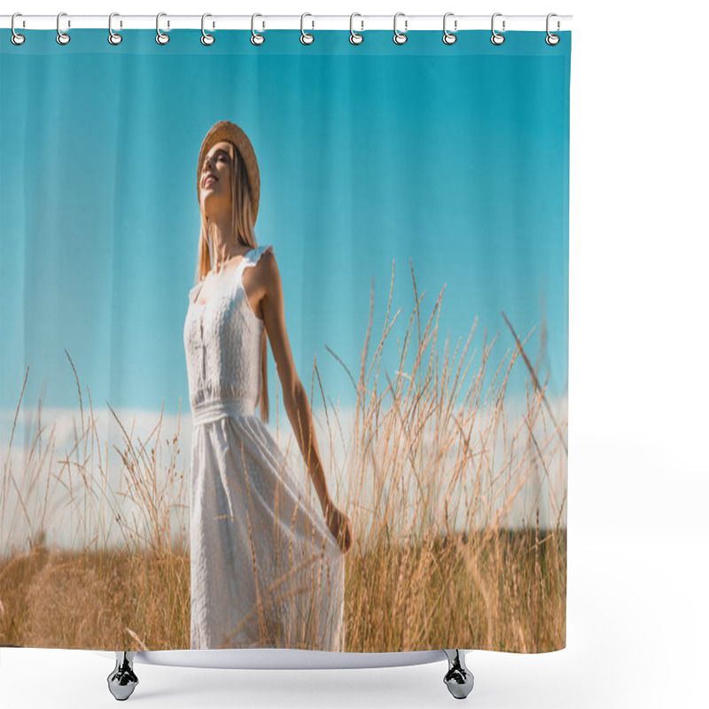 Personality  Selective Focus Of Young Woman In Straw Hat Touching White Dress While Standing With Closed Eyes In Grassy Meadow Shower Curtains