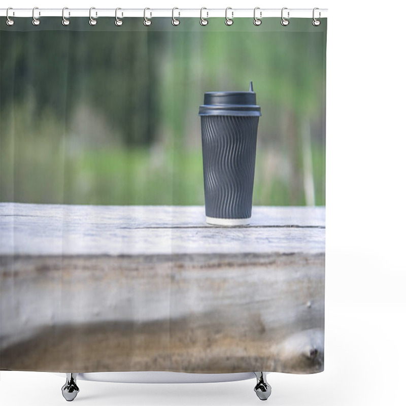 Personality  Close-up Paper Cup Of Coffee On Natural Background On A Wooden Bench. For A Coffee Shop. Shower Curtains