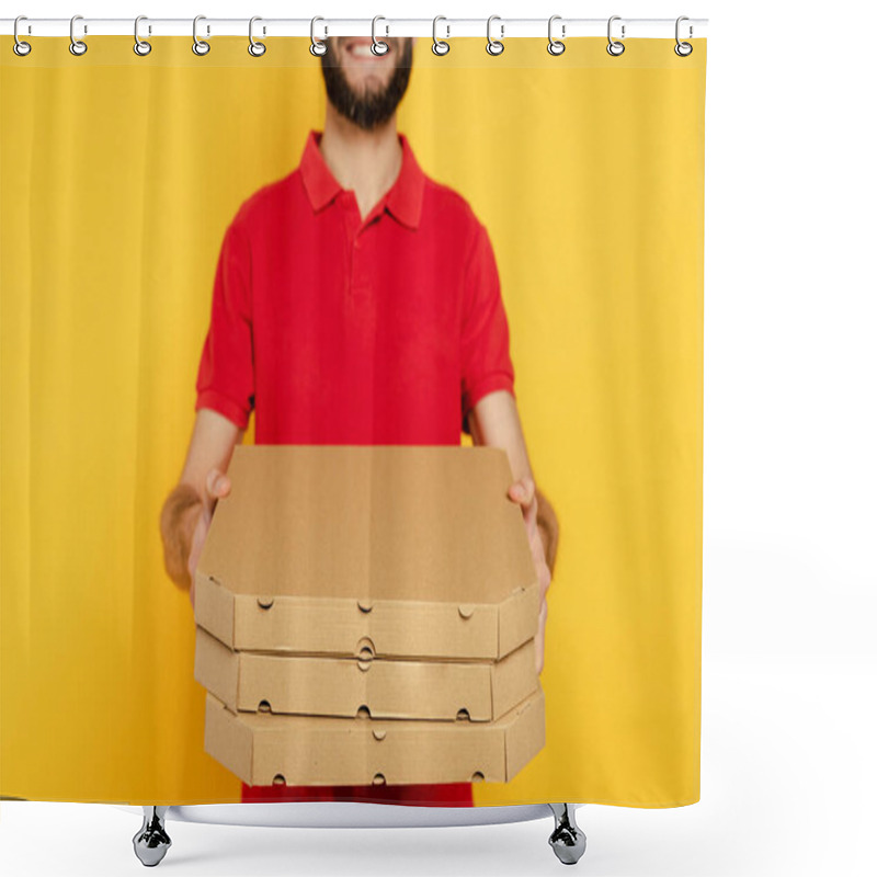 Personality  Cropped View Of Smiling Bearded Delivery Man In Red Uniform With Pizza Boxes Isolated On Yellow Shower Curtains