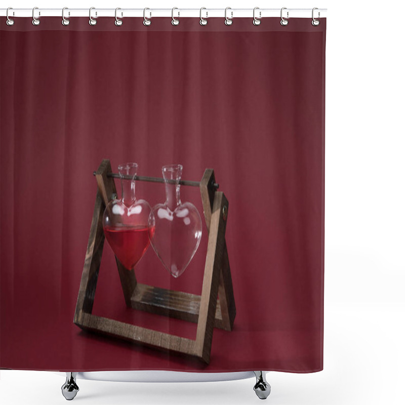 Personality  Heart Shaped Glass Jar With Perfume And Empty Glass Jar On Wooden Stand On Red Shower Curtains