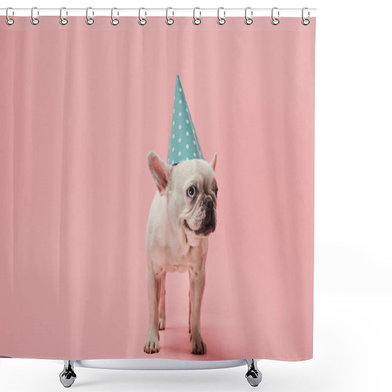 Personality  French Bulldog In Blue Birthday Cap On Pink Background Shower Curtains