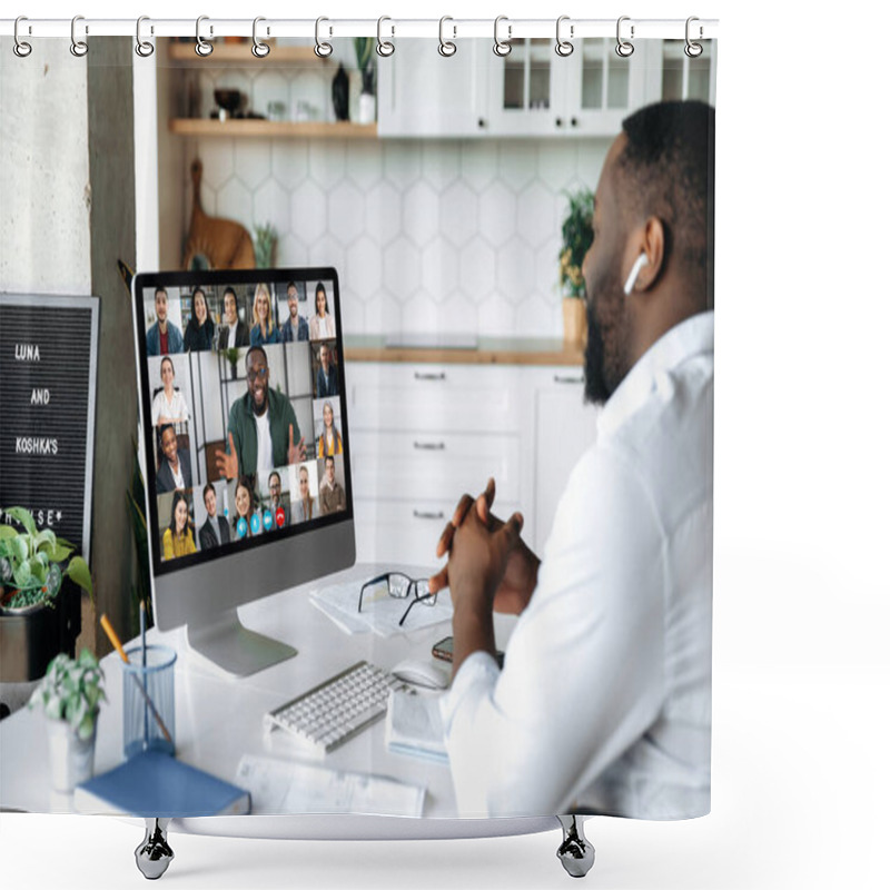 Personality  Video Conference. Online Meeting. Intelligent African American Business Man Sits At Work Desk At Home, Looks At The Computer Screen, Communicates By Video Call With His Partners, Discuss A Strategy Shower Curtains