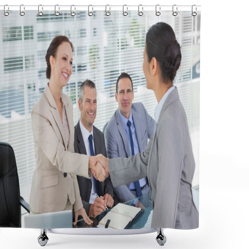 Personality  Young Pretty Applicant Shaking Hands With Future Employers Shower Curtains