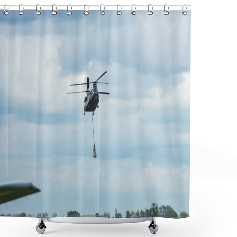 Personality  BERLIN, GERMANY - APRIL 26, 2018:  Demonstration Flight Of Transport Helicopter Boeing CH-47 Chinook. Royal Air Force. Exhibition ILA Berlin Air Show 2018 Shower Curtains