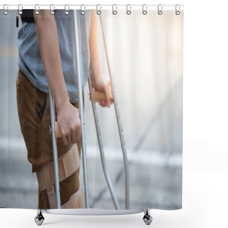 Personality  Disabled Woman With Crutches Or Walking Stick Or Knee Support St Shower Curtains