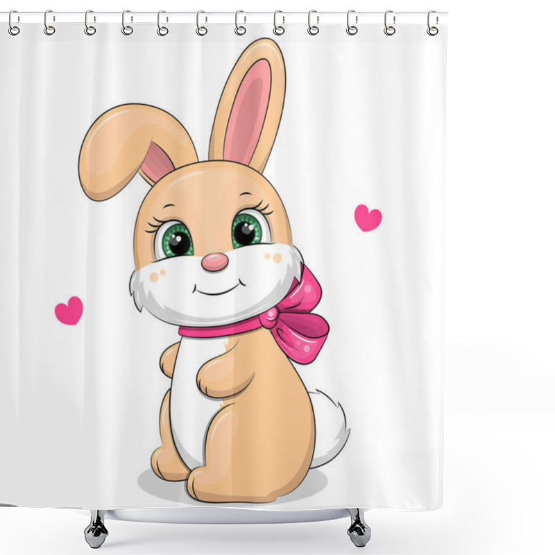 Personality  Cute Cartoon Rabbit With Pink Bow And Hearts. Vector Illustration Of An Animal On A White Background. Shower Curtains