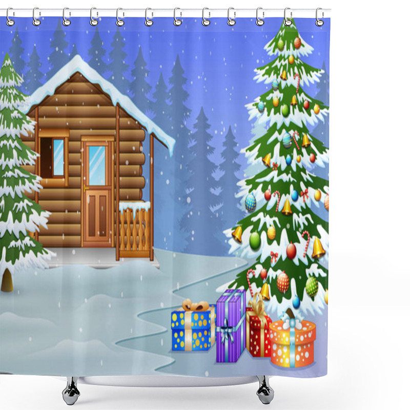 Personality  View Of Snowy Wooden House And Christmas Tree Decoration With The Gift Shower Curtains