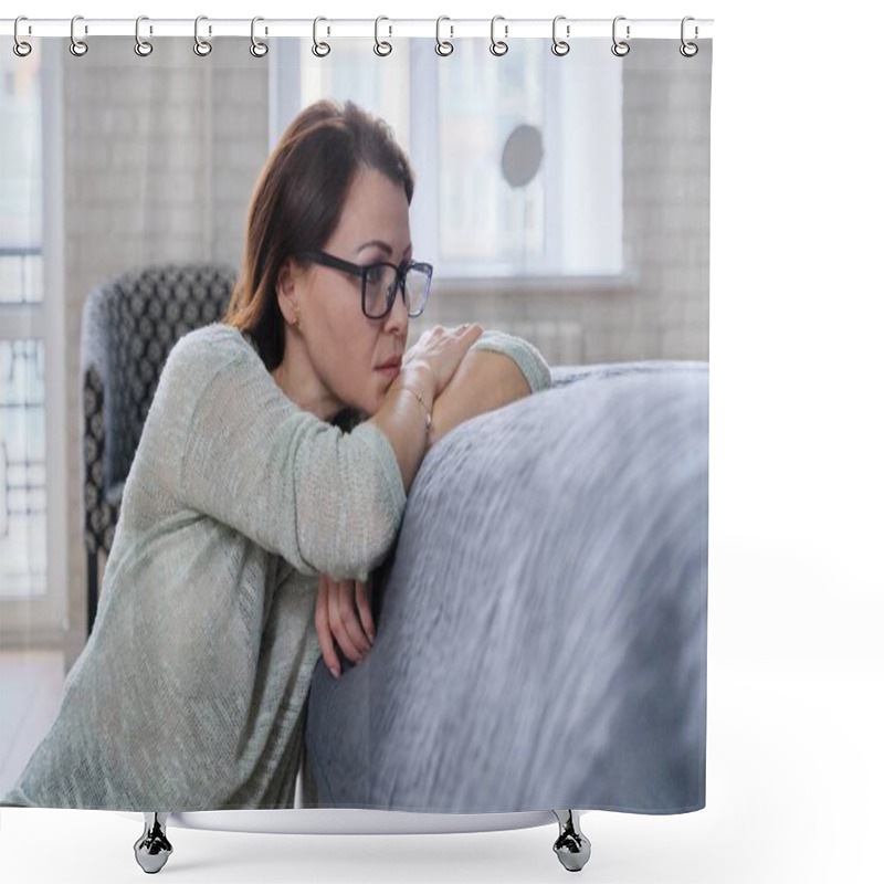 Personality  Depressed Mature Woman Sitting On The Floor At Home Shower Curtains