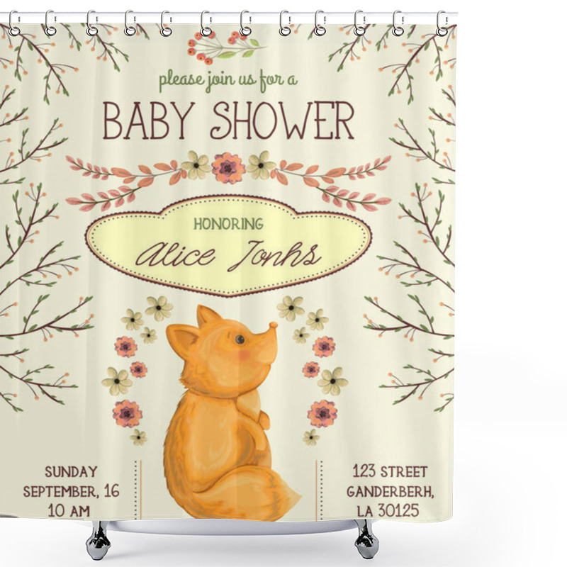 Personality  Baby Shower Invitation With Fox, Flowers, Leaves And Tree Branches. Cute Cartoon Character. Hand Drawn Vector Illustration In Watercolor Style Shower Curtains