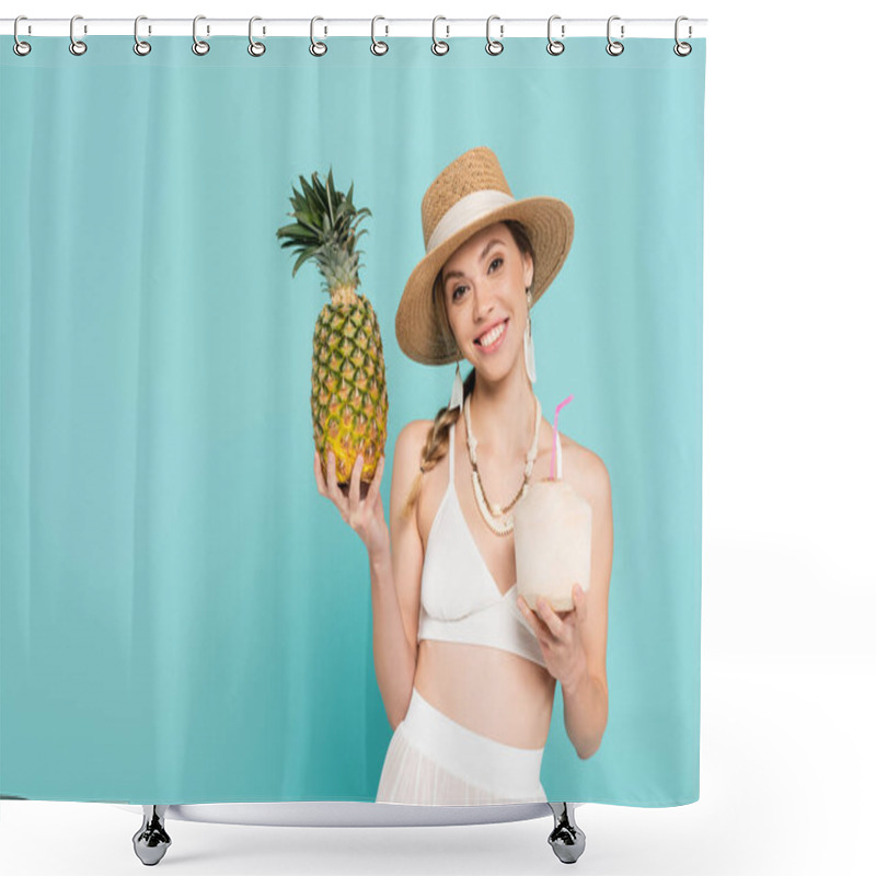 Personality  Pretty Woman In Sun Hat Holding Pineapple And Cocktail In Coconut Isolated On Blue  Shower Curtains