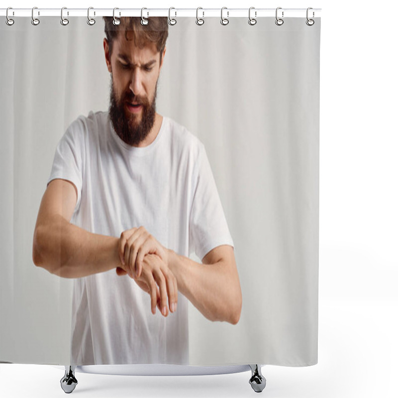 Personality  Man In White T-shirt Joint Pain Hand Health Problems Shower Curtains