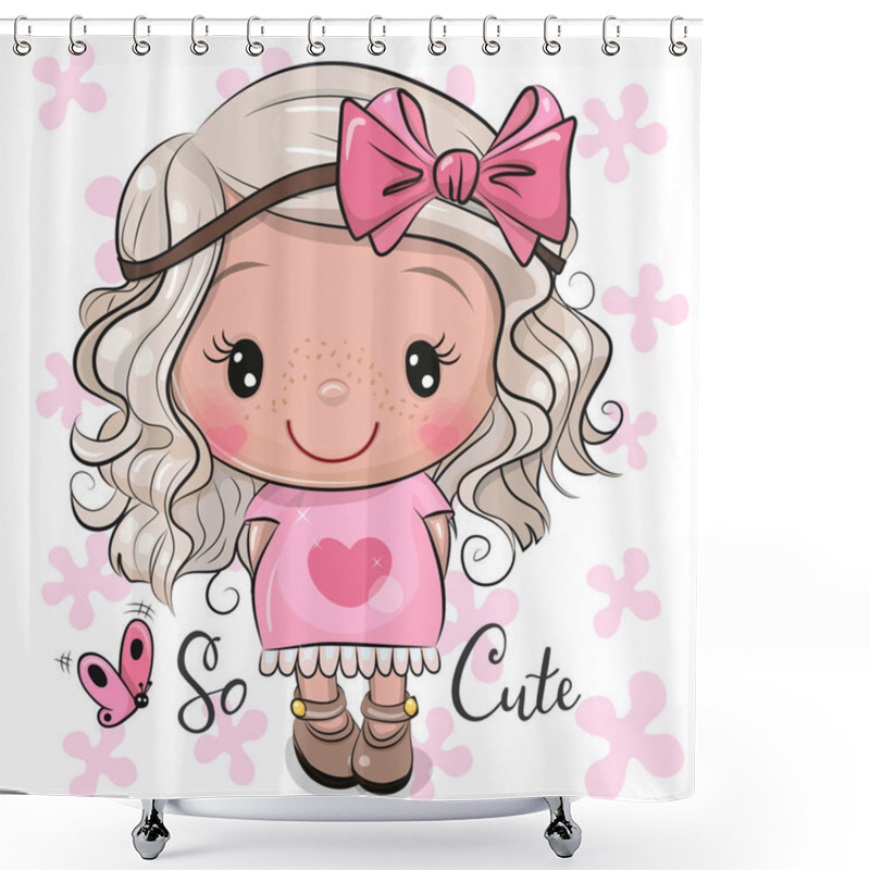 Personality  Cute Cartoon Girl In A Pink Dress With Bow Shower Curtains