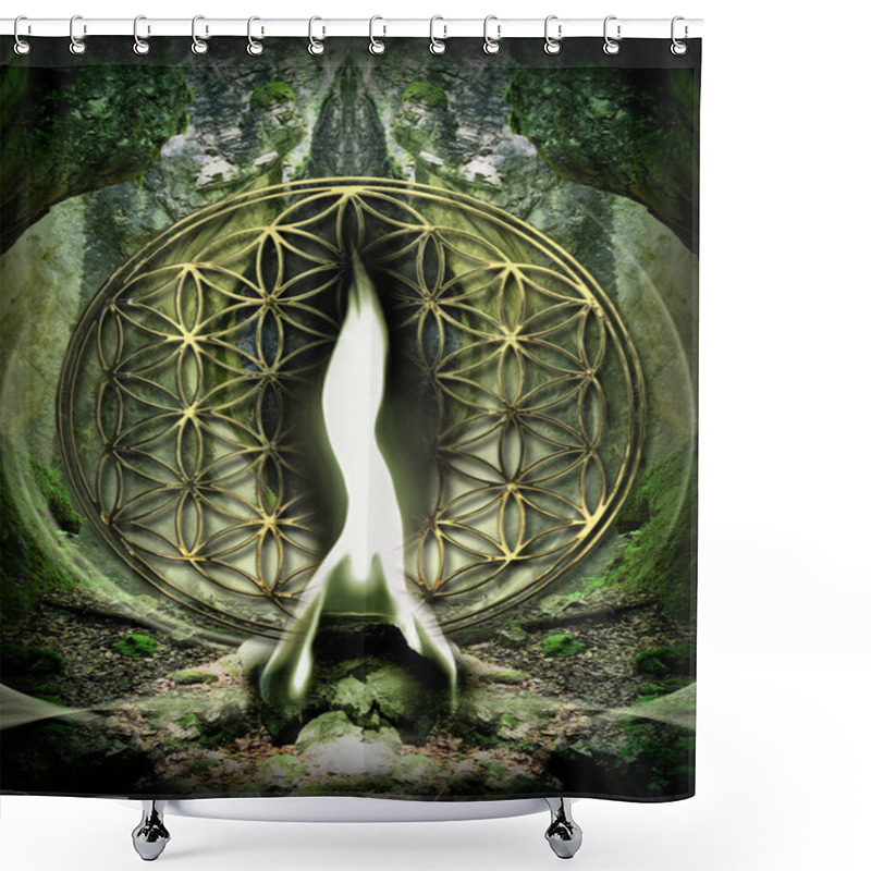 Personality  Poster, Wallpaper With Flower Of Life And Green Flame Of Archangel Raphael In Beautiful Mystical Forest Landscape. Shower Curtains