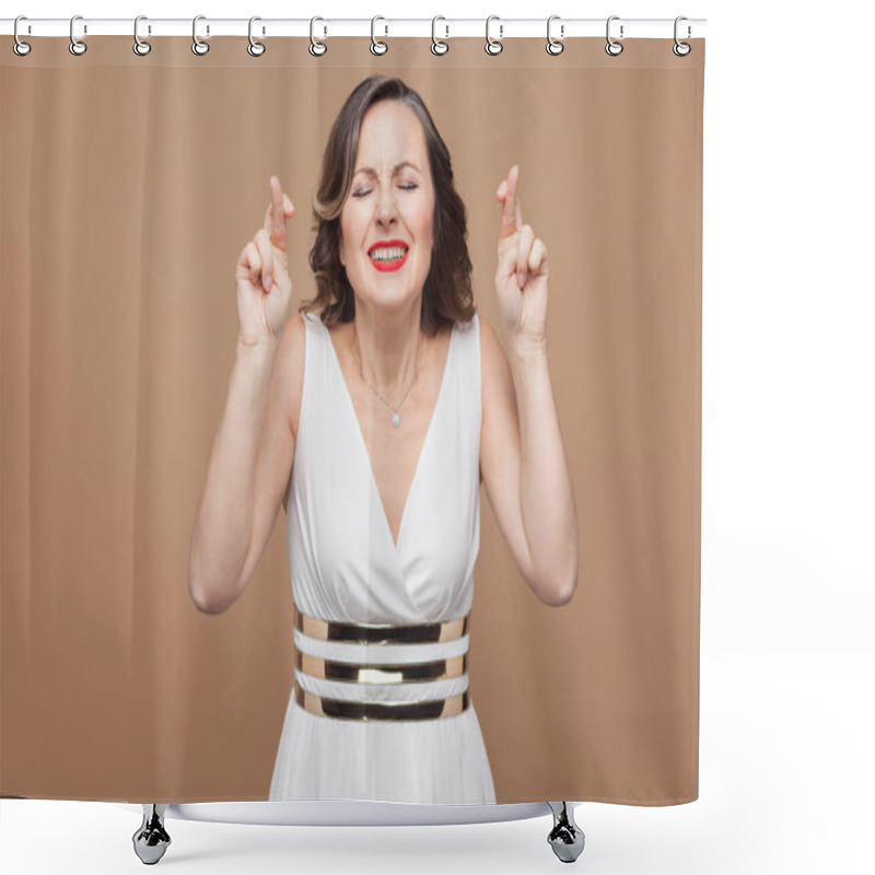 Personality  Hopeful Woman In White Dress With Crossed Fingers And Closed Eyes On Brown Background Shower Curtains