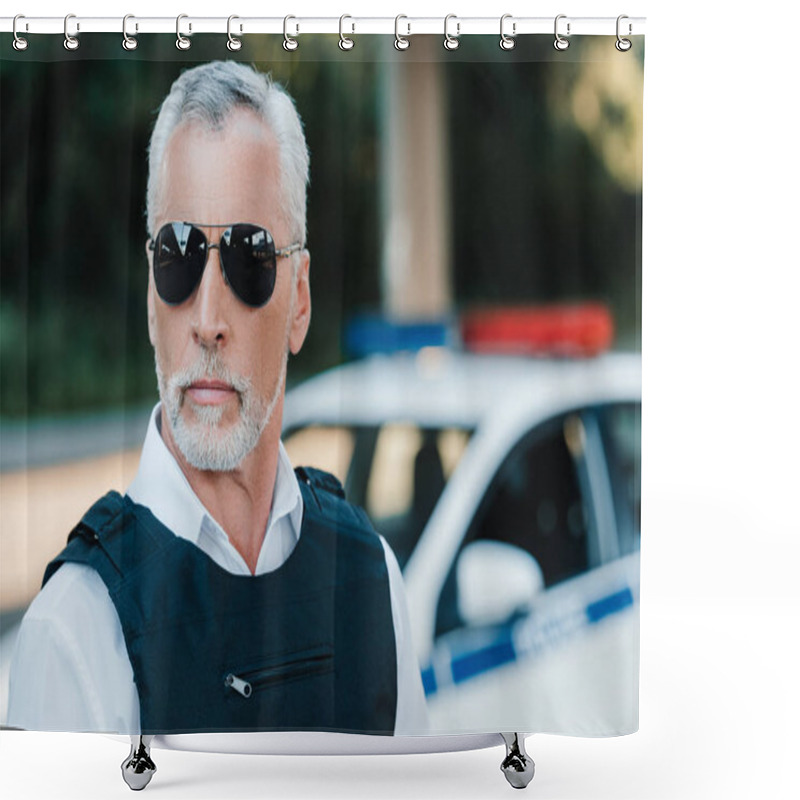 Personality  Close Up Portrait Of Mature Policeman In Sunglasses Looking At Camera  Shower Curtains