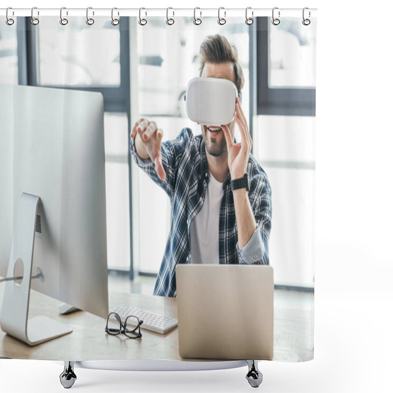 Personality  Smiling Young Man In Virtual Reality Headset Using Laptop And Desktop Computer At Workplace Shower Curtains