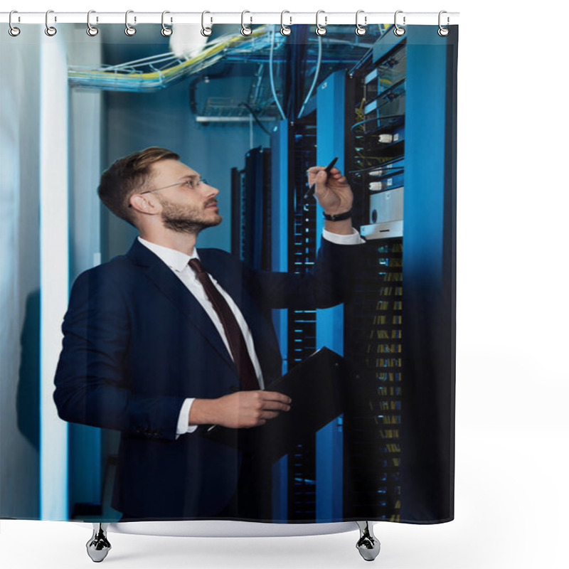 Personality  Profile Of Handsome Businessman In Glasses Holding Pen And Clipboard While Looking At Server Rack  Shower Curtains