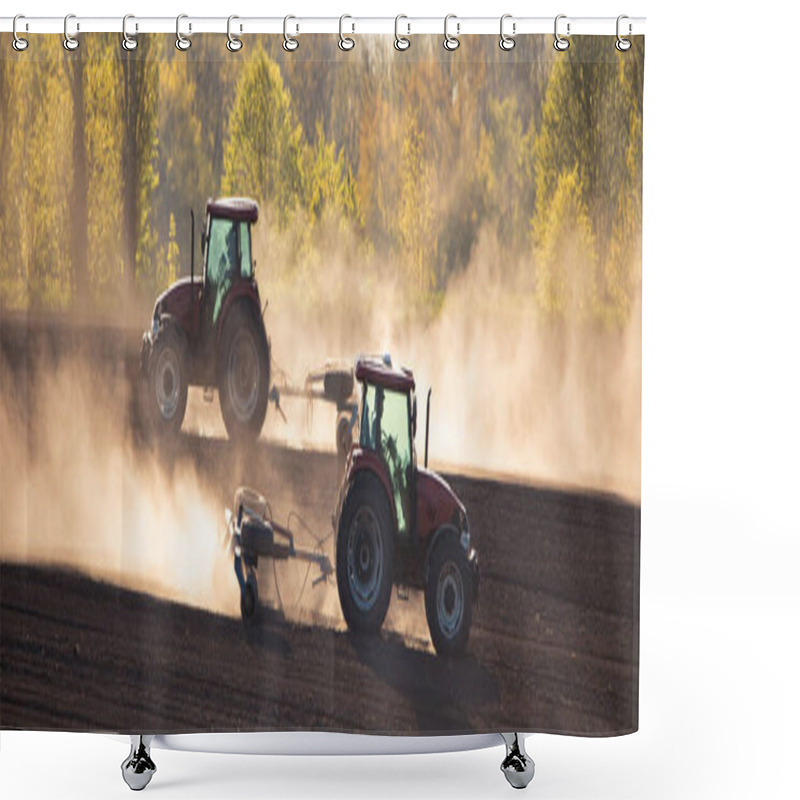 Personality  With The Help Of A Sturdy Tractor, A Cultivator Breaks Up The Soil, Ensuring Optimal Conditions For Crop Growth Shower Curtains