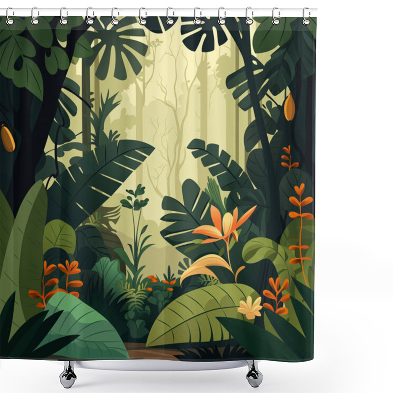 Personality  Jungle Tropical Rainforest. Tropical Leaves, Foliage, Flowers And Plants In The Forest. Vector Illustration Shower Curtains