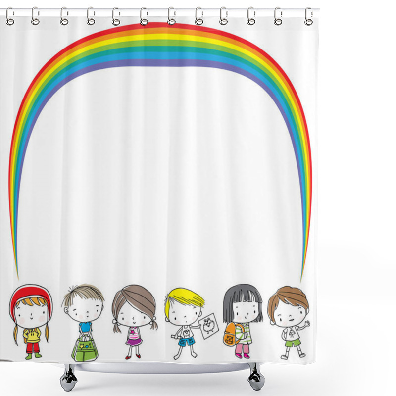 Personality  Set Of Cartoon Girls And Boys With School Supplies Near Rainbow Isolated On White Background, Back To School Concept  Shower Curtains