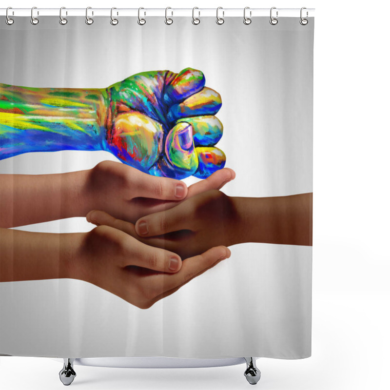 Personality  Community Protest Support And Protester Social Help And Diversity Partnership As A Hand In A Fist Supported By Diverse People As A Nonviolent Resistance Symbol Of Justice In A 3D Illustration Style. Shower Curtains