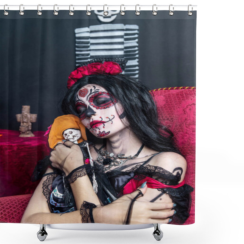 Personality  Make-up Model With Theme Mexican Day Of The Dead In A Study Session In Madrid, Spain Shower Curtains