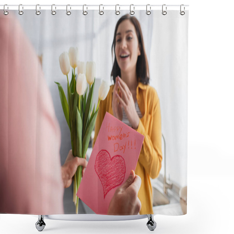 Personality  Young Man Holding Bouquet Of Flowers And Greeting Card Near Blurred Girlfriend In Kitchen Shower Curtains