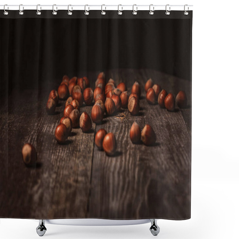 Personality  Close Up View Of Hazelnuts On Wooden Surface On Black Background Shower Curtains