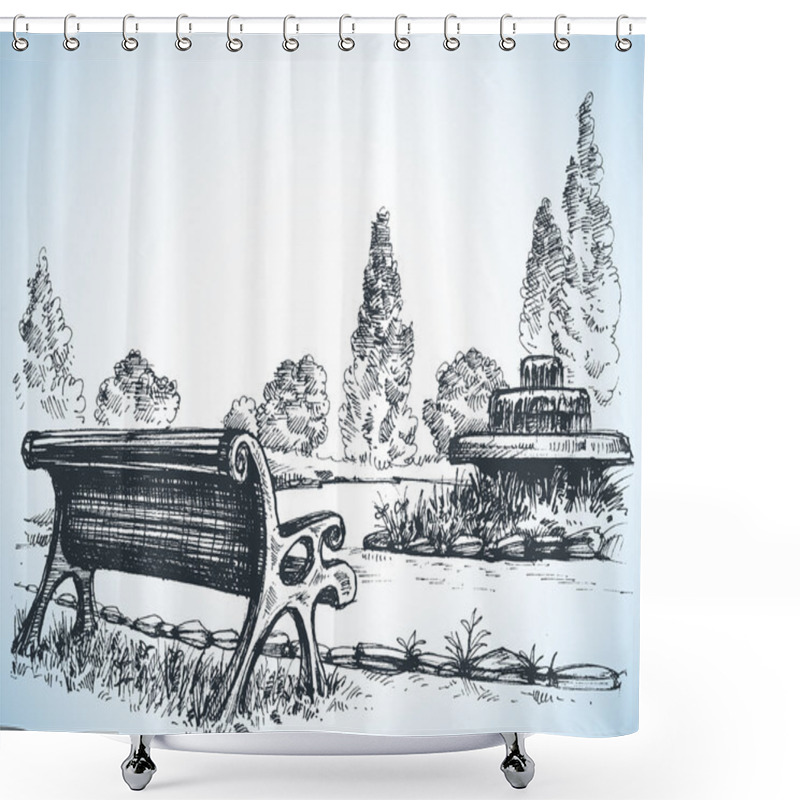 Personality  Park Sketch, A Fountain And Bench Shower Curtains