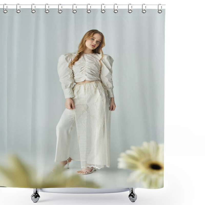 Personality  A Beautiful Young Woman Poses Gracefully With Flowers Around Her. Shower Curtains