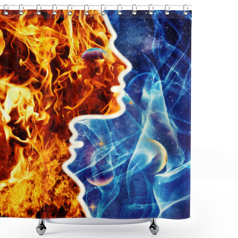 Personality  Silhouette Profile Portrait Man Woman Souls Perfect Matching Union Of Two Different And Opposite World Flame And Ice. Shower Curtains