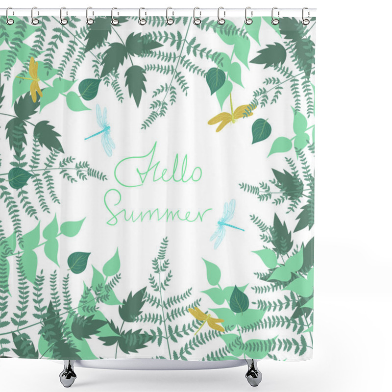 Personality  Frame Of Fern Leaves And Dragonflies. Vector Illustration Isolated On White Background. Shower Curtains