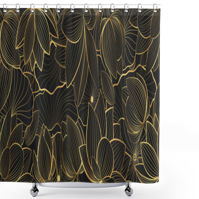 Personality  Vector Banner With Golden Lotus Flowers On A Black Background. Line Art Style. Shower Curtains