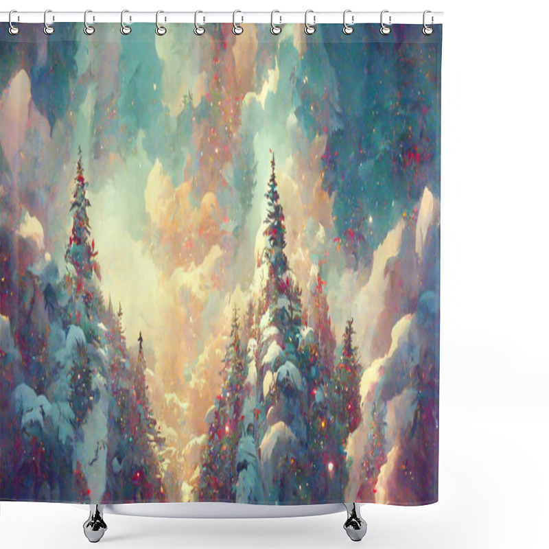 Personality  Fairy Forest, Christmas Big Snowy Fir Trees Against Background. Natural Scenery Realistic Illustration. 3D Render Beautiful Artwork. Colorful Impressionism. Shower Curtains