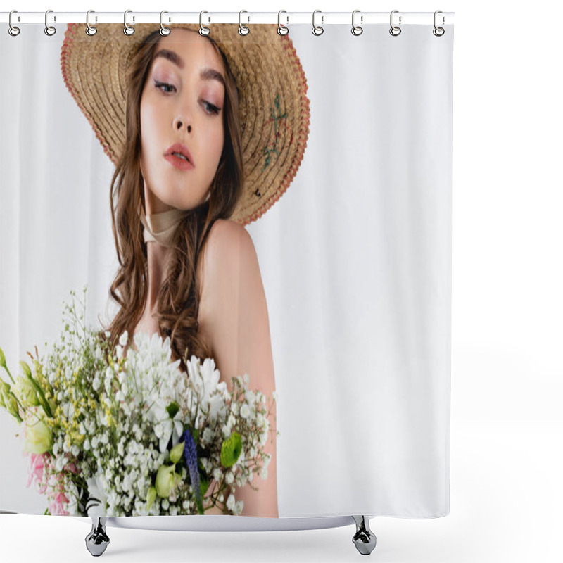 Personality  Brunette Woman In Sun Hat Looking Away Near Bouquet Isolated On Grey  Shower Curtains