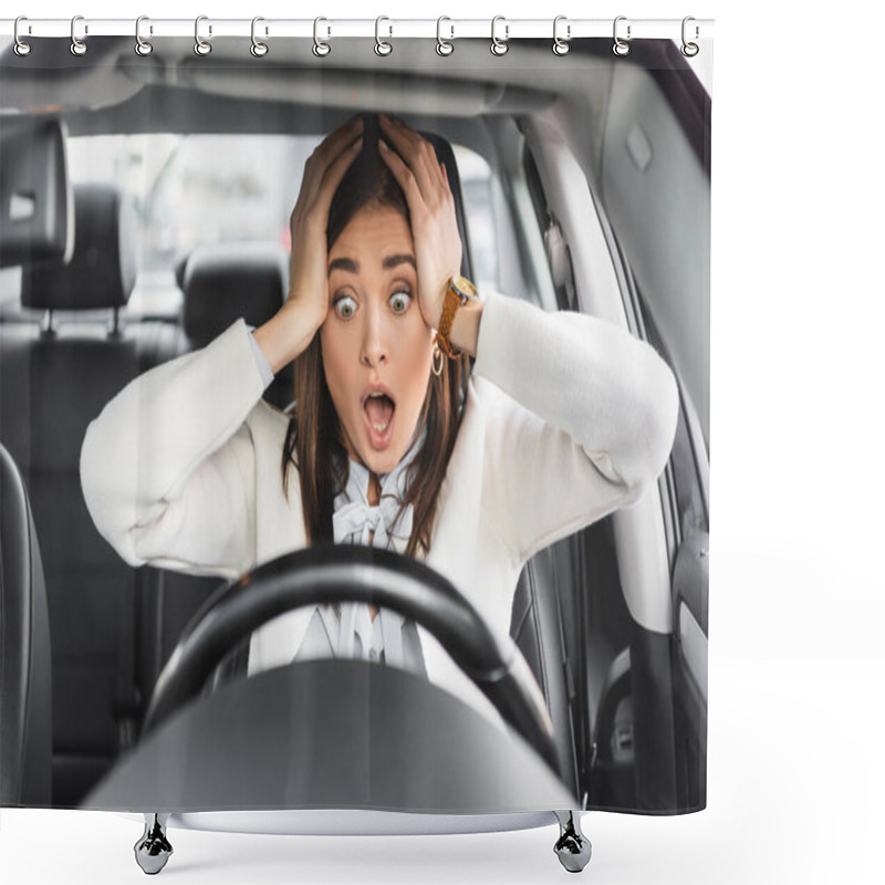 Personality  Scared Woman Holding Hands On Head While Sitting In Car And Looking At Steering Wheel Shower Curtains