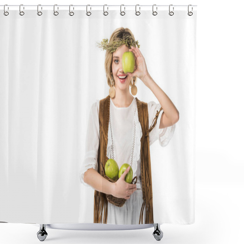 Personality  Pretty Boho Girl In Wreath With Ripe Apples Isolated On White Shower Curtains